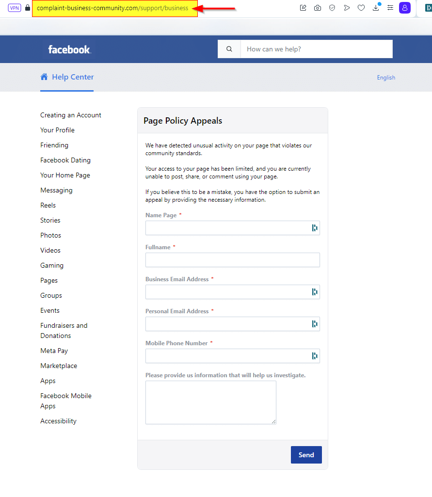 Screenshot der Fake-Webseite des "Nutzungsbedingungen Team"