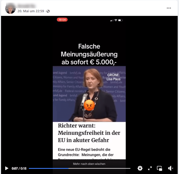 Falscher Kontext: Lisa Paus spricht in Videoclip über Gehsteigbelästigung – mimikama.org Screenshot des Posts auf Facebook (Link)