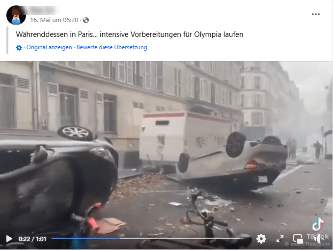 Video zeigt alte Proteste in Paris und keine Ausschreitungen vor Olympia 2024 – mimikama.org Screenshot des fraglichen Posts auf Facebook vom 16. Mai 2024 mit der Behauptung (hier zu sehen)