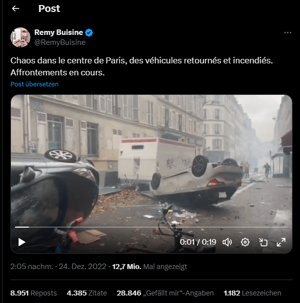 Video zeigt alte Proteste in Paris und keine Ausschreitungen vor Olympia 2024 – mimikama.org Screenshot des Originalvideos aus dem Jahr 2022 (hier archiviert)