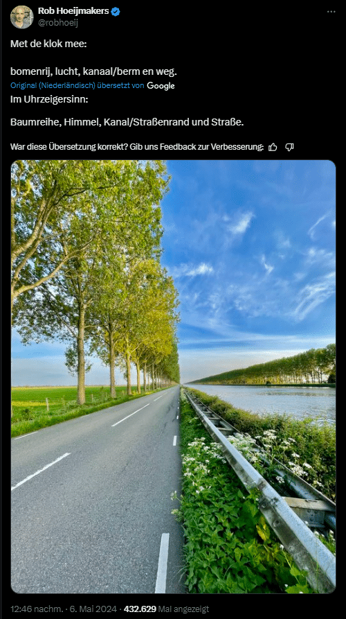 Symmetrische Straße, Bäume und ein Kanal: Echt oder KI?