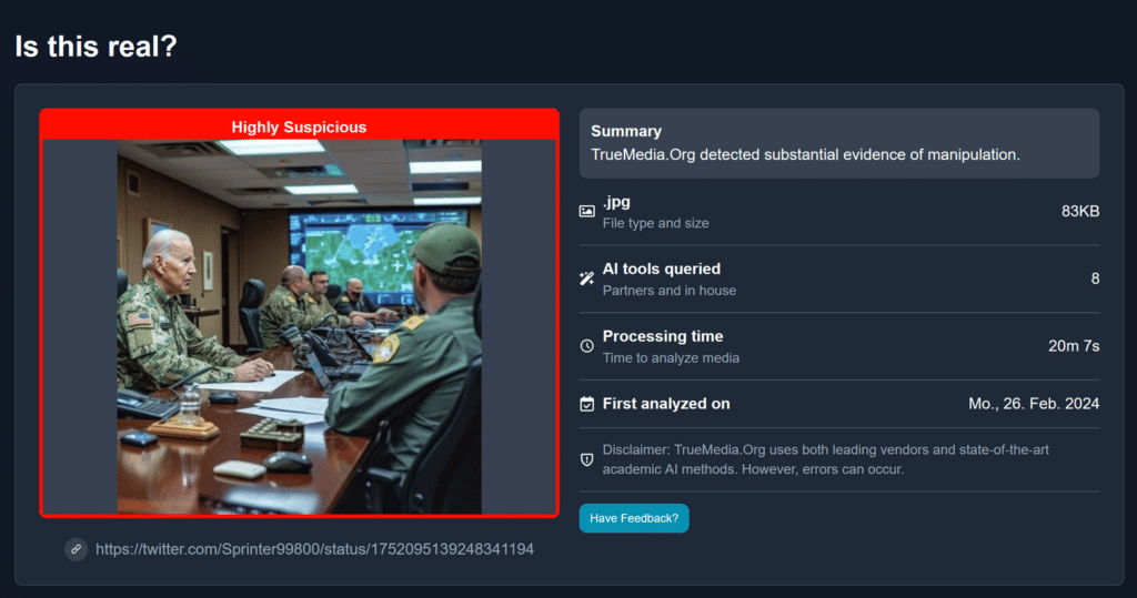 "Highly suspicious": Der Deepfake Detector erkennt das KI-generierte Bild von Joe Biden mit seinen Top-Militärs als Fälschung.
Screenshot der TrueMedia-Website; DerStandard