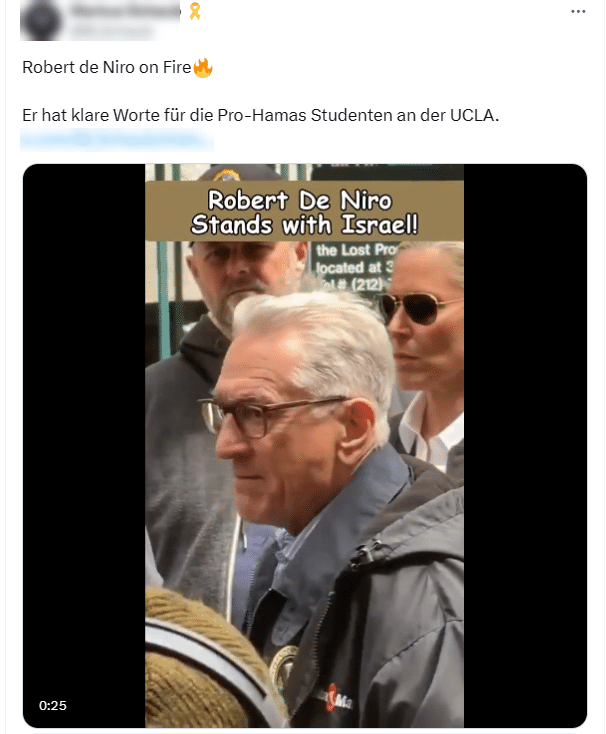 Keine Studentenproteste: Ein Video zeigt Robert De Niro bei den Dreharbeiten zu einer Netflix-Serie – mimikama.org Screenshot aus dem Post auf X (hier archiviert)