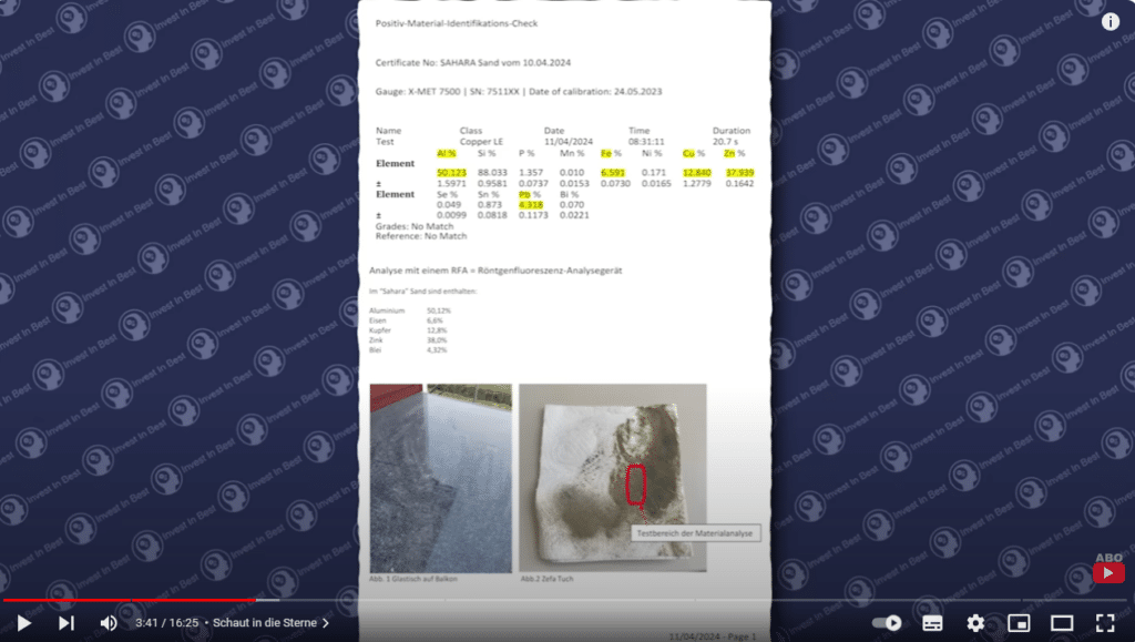 Falscher Laborbericht: Saharastaub besteht nur zu einem geringen Teil aus Aluminiumoxid – mimikama.org Screenshot des Videos mit dem irreführenden Laborbericht ab Minute 3:40 (hier archiviert)