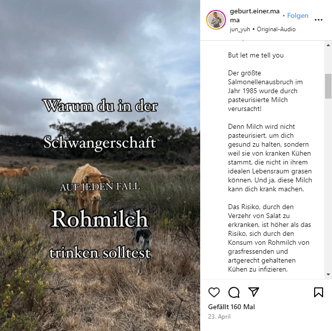 Gefährlicher Trend: Die Risiken von Rohmilch für Schwangere – mimikama.org Screenshot Instagram
