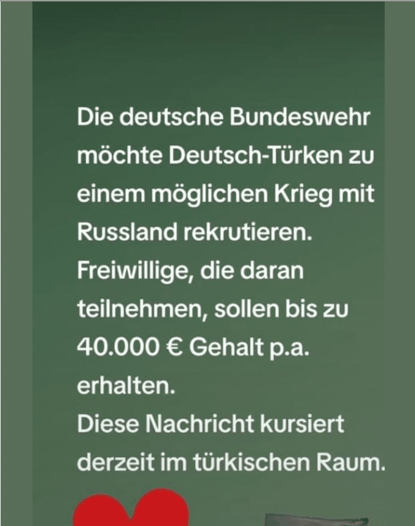 Bundeswehr dementiert gezielte Rekrutierung für Krieg gegen Russland – mimikama.org Screenshot der Behauptung auf Facebook (hier archiviert)
