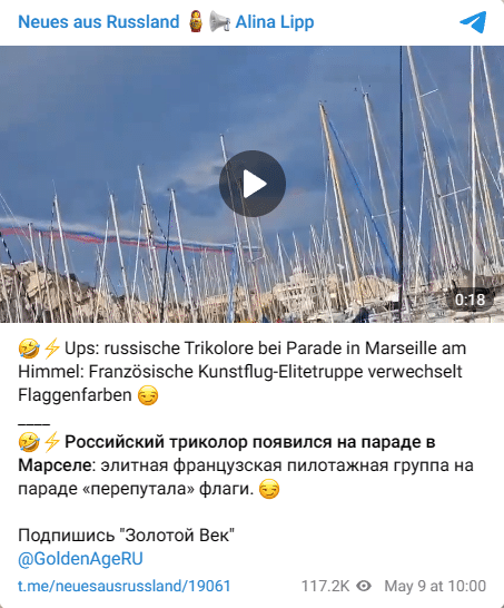 Olympische Flamme in Marseille: Die Wahrheit über die Flugshow-Kontroverse – mimikama.org Screenshot des Videos auf Telegram (hier archiviert)
