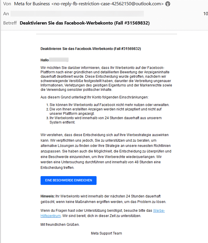 Screenshot: Der Betreff der Fake E-Mail lautet: Deaktivieren Sie das Facebook-Werbekonto (Fall #.......)