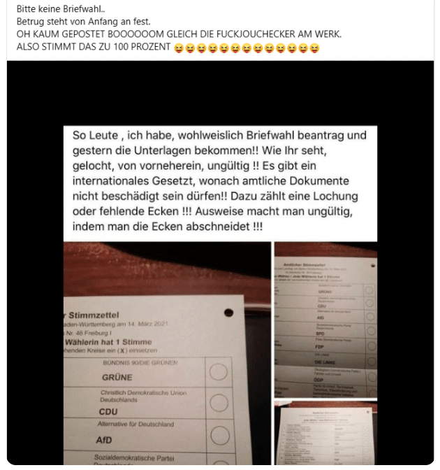 Loch im EU-Stimmzettel hilft Blinden: Keine Beeinträchtigung der Gültigkeit – mimikama.org Screenshot auf Facebook der Behauptung (hier archiviert) Loch im EU-Stimmzettel hilft Blinden: Keine Beeinträchtigung der Gültigkeit