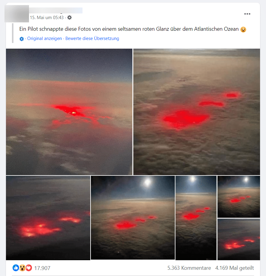 Das rote Leuchten über dem Atlantischen Ozean: Faktencheck – mimikama.org Screenshot: Facebook / Behauptungen über das rote Leuchten über dem Atlantischen Ozean