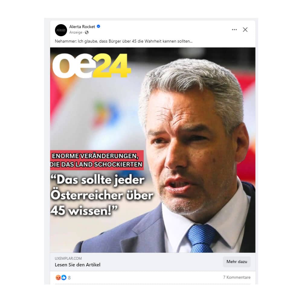Fake-Werbung mit: Karl Nehammer (Bundeskanzler von Österreich)