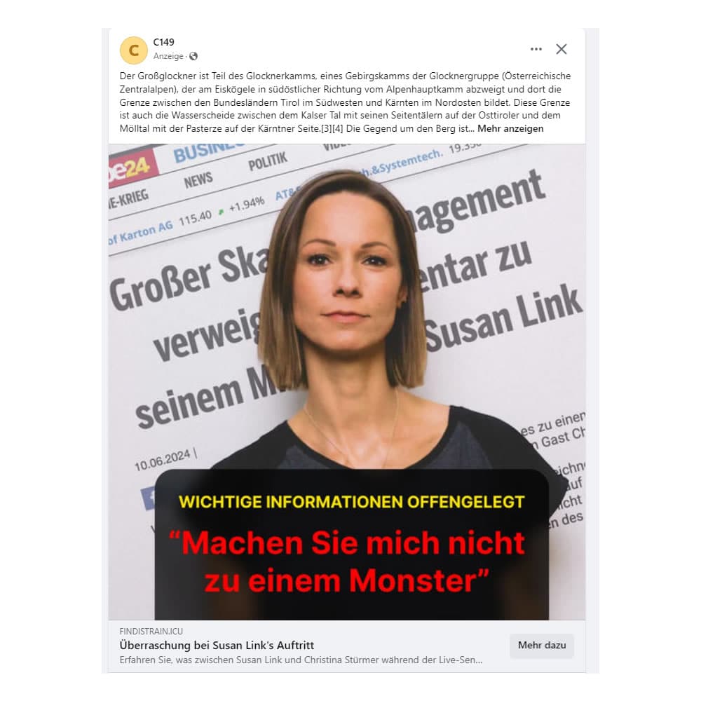 Fake-Werbung mit: Christl Stürmer (Pop- und Rocksängerin)