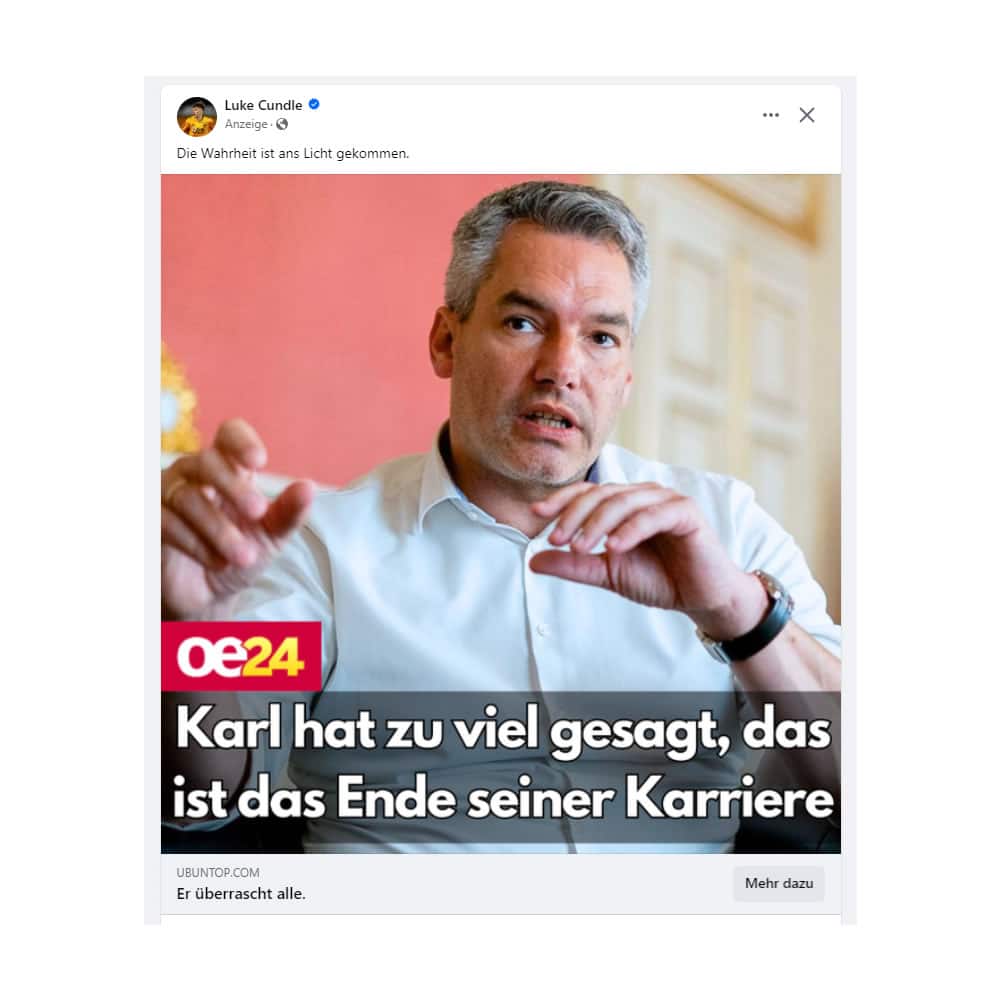 Fake-Werbung mit: Karl Nehammer (Bundeskanzler von Österreich)