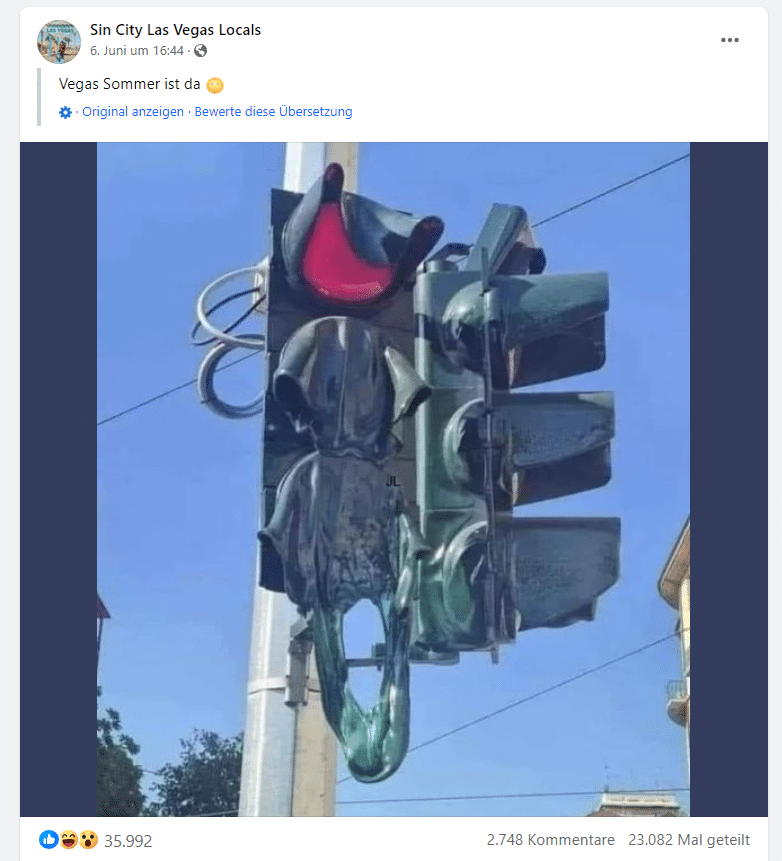 Brennpunkt Falschinformation: Die geschmolzene Ampel – mimikama.org Screenshot der geschmolzenen Ampel auf Facebook vom 6.6.2024