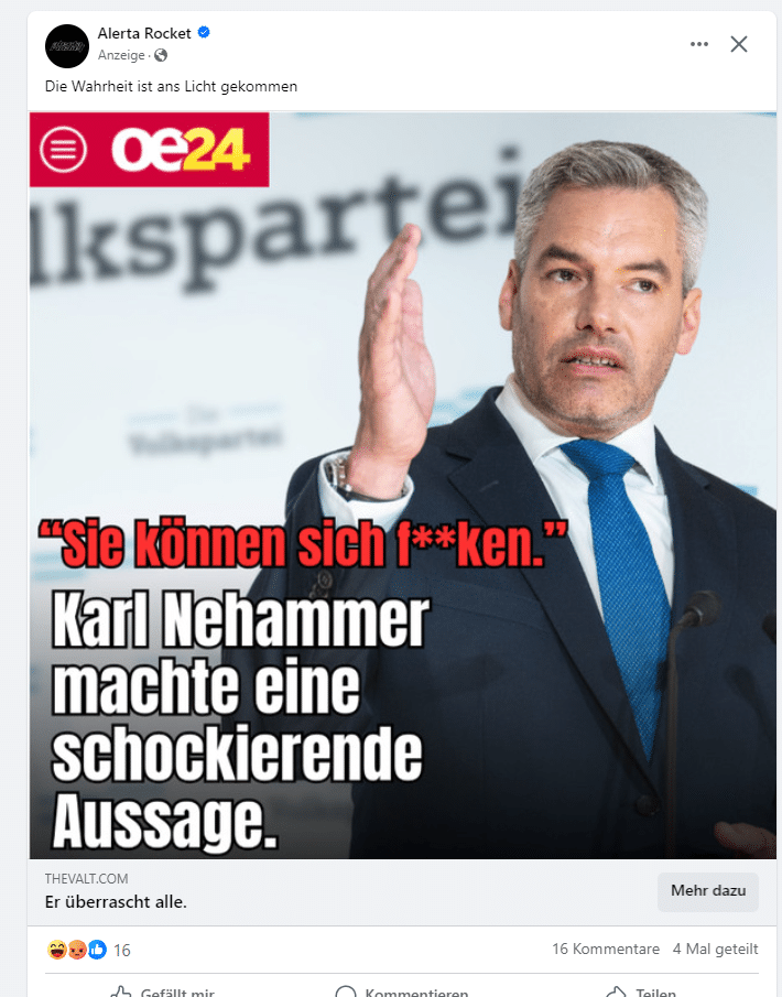 Karl Nehammer: Fake-News über den österreichischen Bundeskanzler – mimikama.org Screenshot: Fake News über Karl Nehammer auf Facebook verbreiten Panik