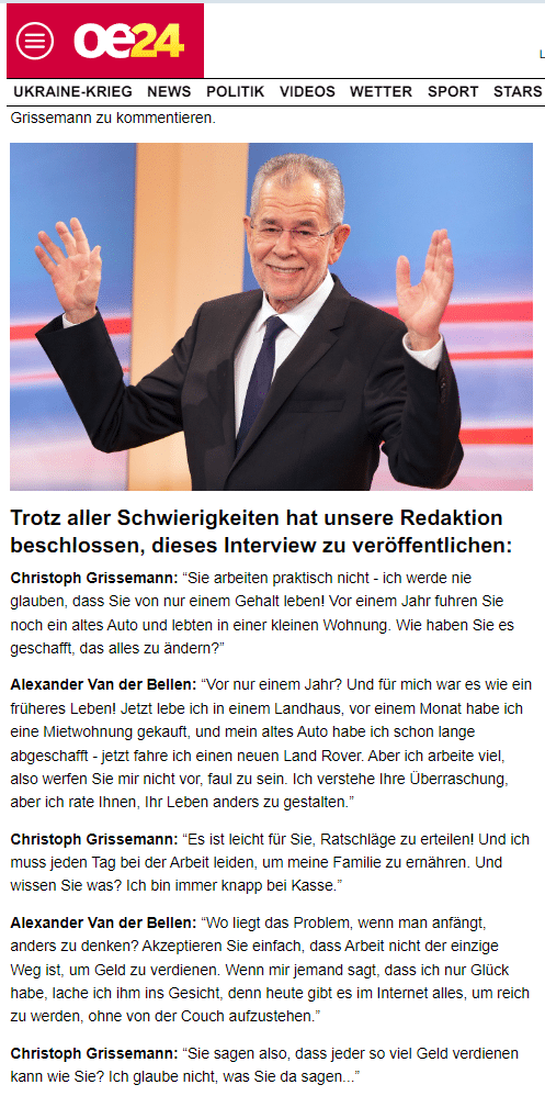 Österreichische Prominente als unwissende Werbeträger auf Facebook Screenshot: Fake-Webseite der OE24 mit einem Fake-Interview mit Alexander Van der Bellen (Bundespräsident von Österreich)
