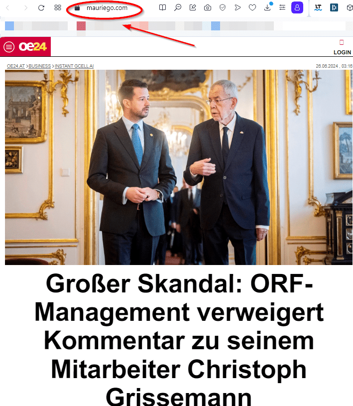 Österreichische Prominente als unwissende Werbeträger auf Facebook Screenshot einer Fake.Webseite der OE24. Erkennbar u.a. an der URL