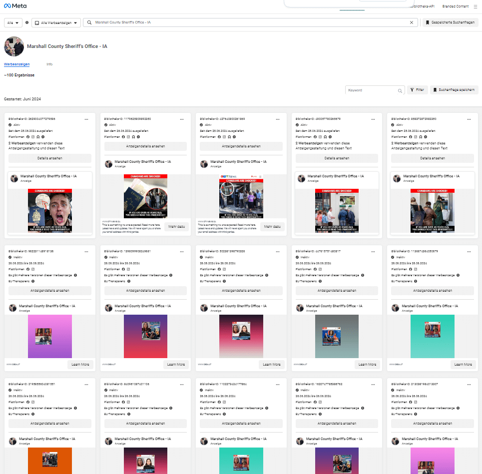 Österreichische Prominente als unwissende Werbeträger auf Facebook – mimikama.org Facebooks Werbebibliothek: Screenshot einer von Cyberkriminellen übernommenen Facebook-Seite, die aktuell gleich mehrere Fake-Werbungen ausspielt, und dies nicht nur in deutscher Sprache