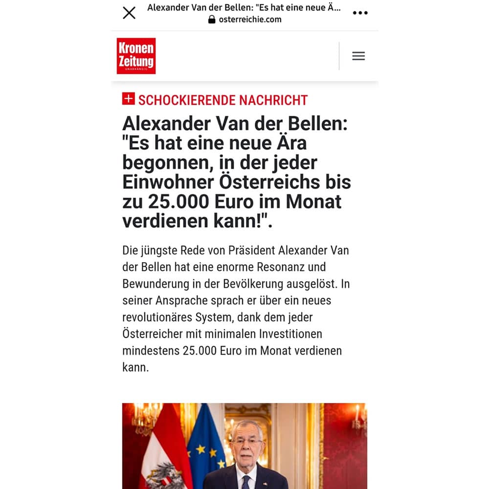 Fake-Webseite mit: Alexander Van der Bellen (Bundespräsident von Österreich)
