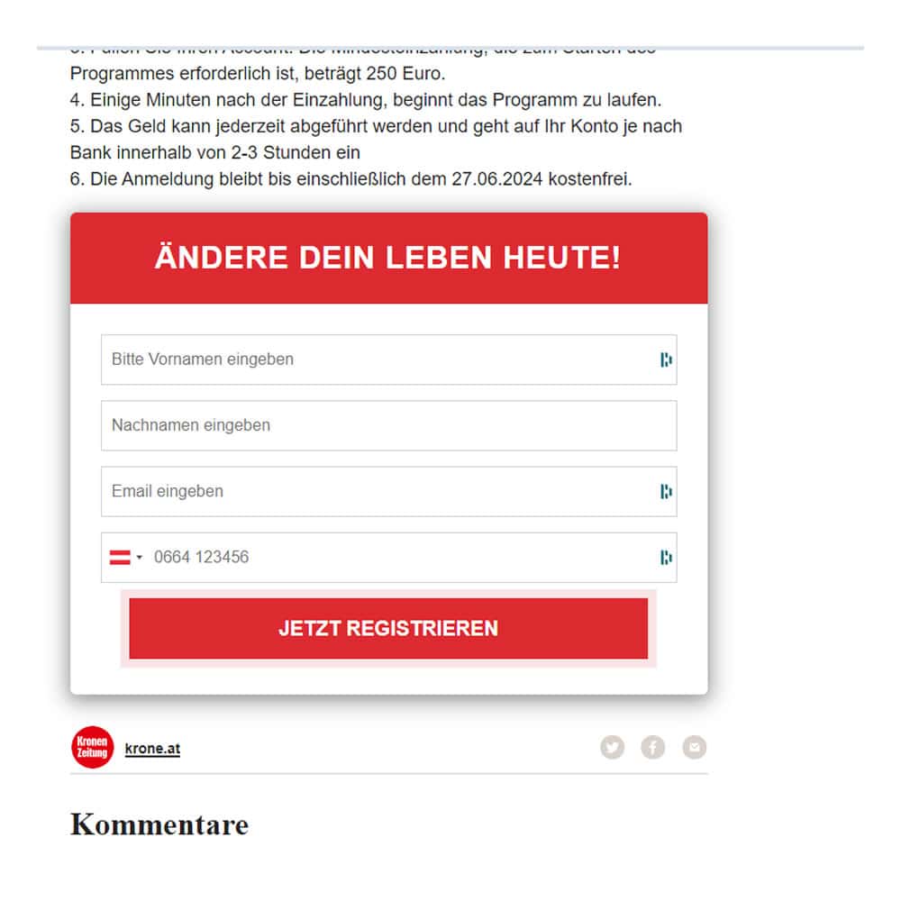 Fake-Webseite mit dem Anemdleformular, dass auf jeder Fake-Nachrichtenseite ident ist