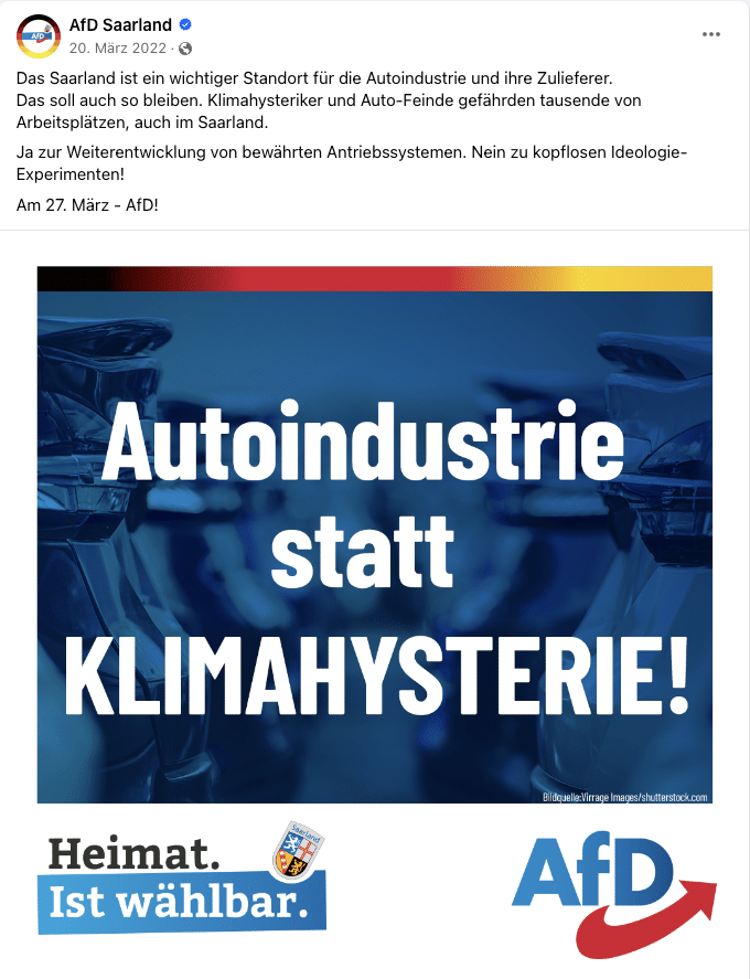 AfD-Plakat in Hochwasserfoto manipuliert – mimikama.org Screenshot des Postings aus den sozialen Medien mit "Autoindustrie statt Klimahysterie"
