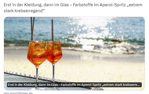 Aperol: Krebsrisiko durch Farbstoffe? – mimikama.org Aperol "extrem stark krebserregend" - Screenshot X