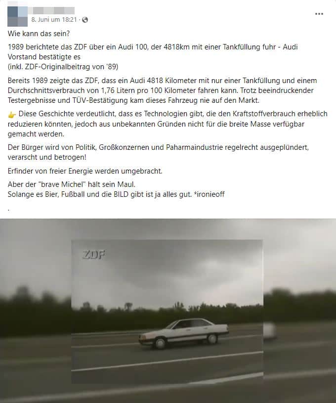Der Audi 100: Realität hinter dem sparsamen Turbodiesel-Mythos – mimikama.org Screenshot Facebook