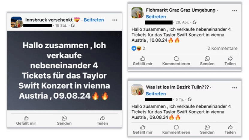 Vorsicht beim Ticketkauf von Privatpersonen: So schützen Sie sich vor Betrug – mimikama.org Beispiele von Verkaufsanzeigen auf Social Media (Screenshot: Watchlist Internet)