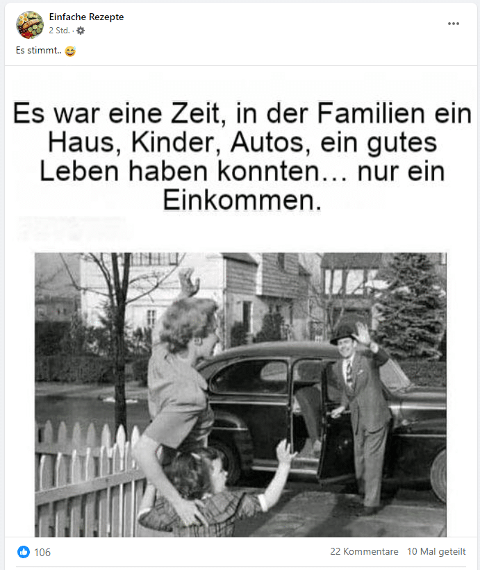 Screenshot: Facebook mit "Es war eine Zeit, in der Familien ein Haus, Kinder, Auto, ein gutes Leben haben konnten… nur ein Einkommen“ 