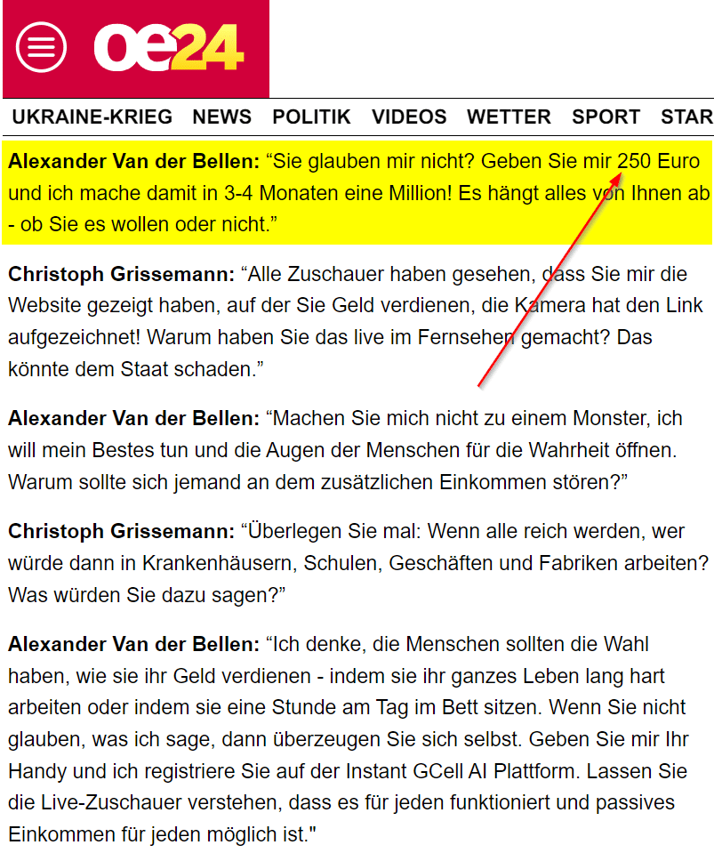 Österreichische Prominente als unwissende Werbeträger auf Facebook Screenshot: Fake-Webseite der OE24 mit einem Fake-Interview mit Alexander Van der Bellen (Bundespräsident von Österreich)