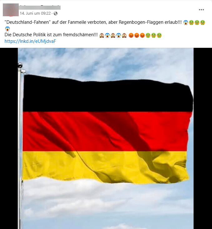 Verbot von Deutschlandfahnen auf Berliner Fanmeile? Bullshit! – mimikama.org Screenshot Post auf Facebook (hier archiviert)