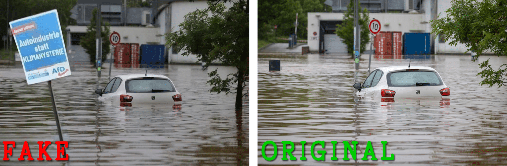 AfD-Plakat in Hochwasserfoto manipuliert – mimikama.org Hochwasser im Saarland! Rechts der Fake und Links das Originalbild