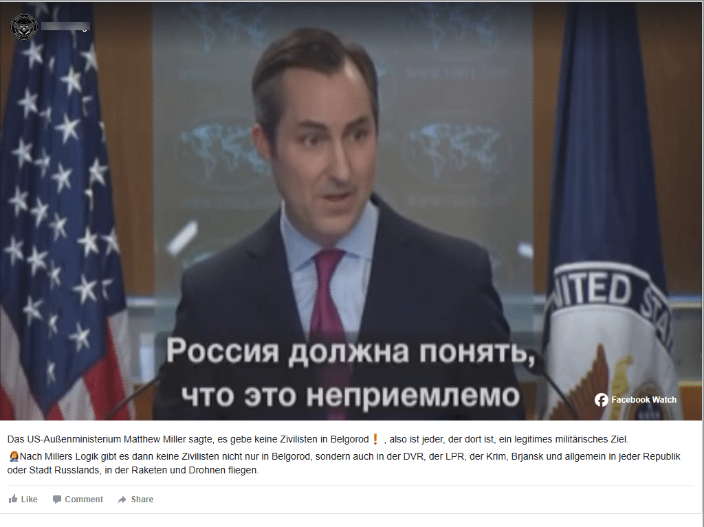Ukraine-Krieg: Video manipuliert - US-Regierungssprecher äußert sich nicht zu Belgorod – mimikama.org Screenshot des fraglichen Posts auf Facebook (Video: hier archiviert)