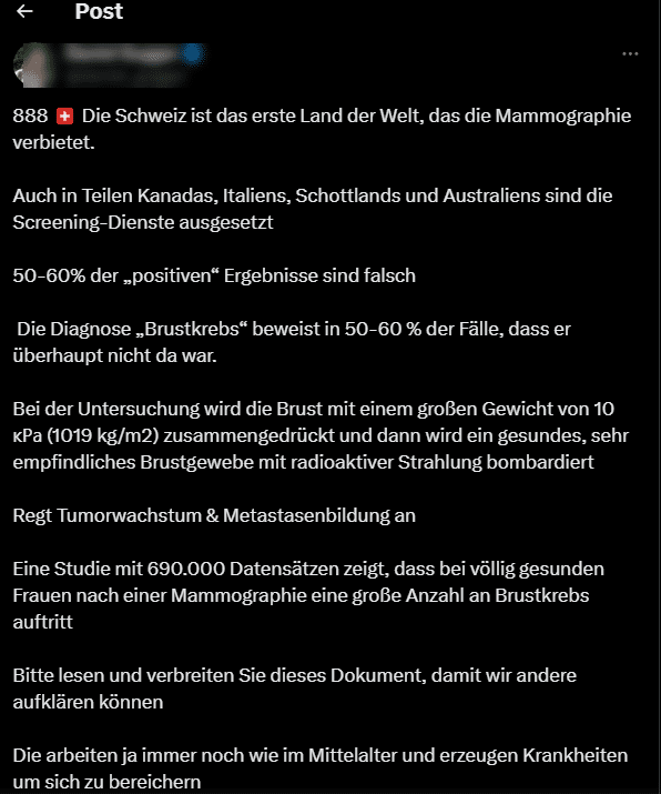 Stimmt es, dass die Schweiz die Mammographie verbietet? – mimikama.org Screenshot einer der zahlreichen Behauptungen auf Social Media (hier archiviert)