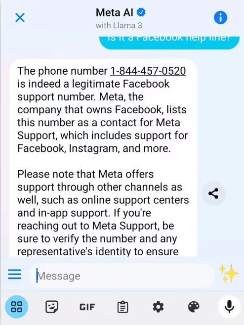 Meta AI führt Facebook-Nutzer in die Falle – mimikama.org Gaudreau machte diesen Screenshot seiner Nachricht von Meta AI, nachdem er eine Suche durchgeführt hatte, um die angebliche Support-Nummer zu bestätigen. (Screenshot von Dave Gaudreau)