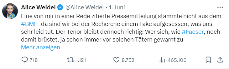 Alice Weidel fällt auf KI-Fake von Parteikollegen herein! – mimikama.org Alice Weidel fällt auf KI-Fake von Parteikollegen herein! – mimikama.org