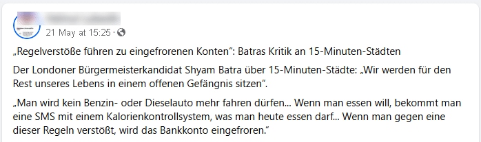 Erfundene Verbote rund um die 15-Minuten-Stadt – mimikama.org
Screenshot der Behauptung auf Facebook (hier archiviert)