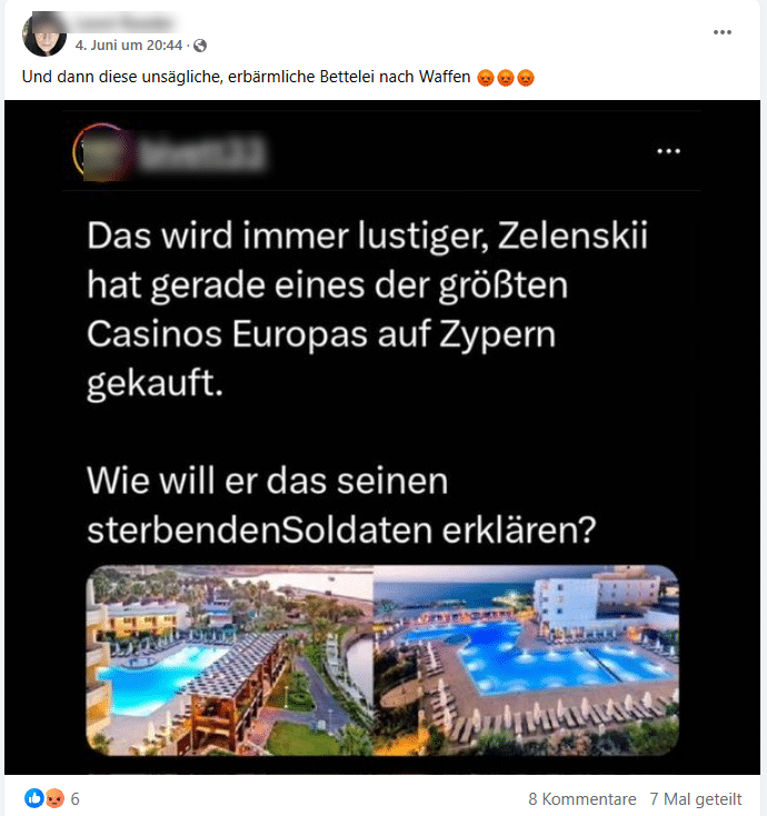 Falschmeldung: Wolodymyr Selenskyj kauft Casino auf Zypern – mimikama.org Screenshot der falschen Behauptung auf Facebook (hier archiviert)