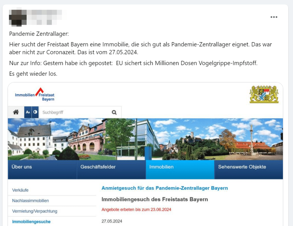 Nächste Pandemie vor der Tür? Bayern wappnet sich mit gigantischem Pandemie-Zentrallager! – mimikama.org Screenshot: Facebook mit "„Pandemie Zentrallager: Hier sucht der Freistaat Bayern eine Immobilie, die sich gut als Pandemie-Zentrallager eignet. Das war aber nicht zur Coronazeit. Das ist vom 27.05.2024. Nur zur Info: Gestern habe ich gepostet: EU sichert sich Millionen Dosen Vogelgrippe-Impfstoff. Es geht wieder los.“ "