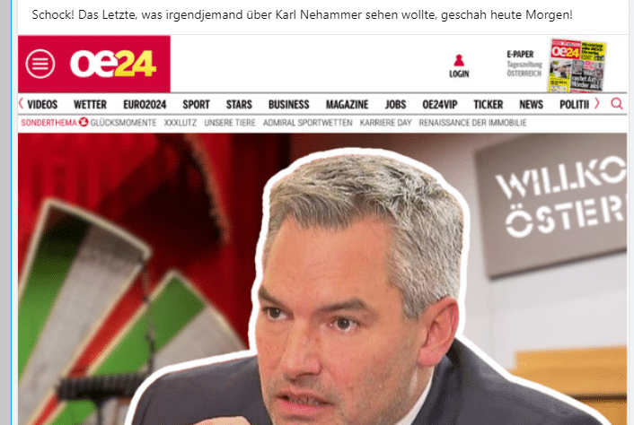 Karl Nehammer: Fake-News über den österreichischen Bundeskanzler – mimikama.org Screenshot: Die betrügerische Werbeanzeige auf Facebook imitiert das Layout der Zeitung "OE24" und suggeriert ein exklusives Interview mit Nehammer.