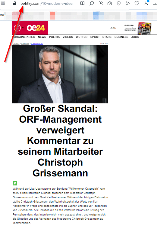 Karl Nehammer: Fake-News über den österreichischen Bundeskanzler – mimikama.org Screenshot der Fake Webseite der OE24. U.a. zu erkennen an der URL!