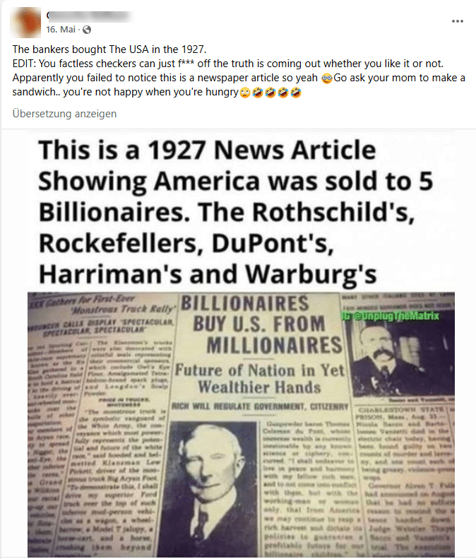Amerika angeblich an Milliardäre verkauft: Ein falscher Bericht von 1927? – mimikama.org Screenshot der Behauptung auf Facebook (hier archiviert)