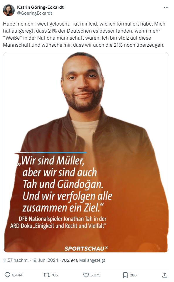 Nur weiße deutsche Spieler? Göring-Eckardts Tweet sorgt für Empörung – mimikama.org Screenshot: "X" von Katrin Göring-Eckardt (Grüne)