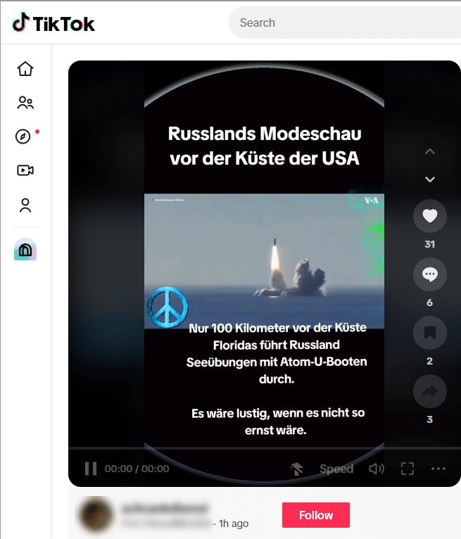 Falscher Kontext: Video zeigt russische Militärübung im Weißen Meer von 2018 – mimikama.org Screenshot des fraglichen Posts auf TikTok (hier archiviert)