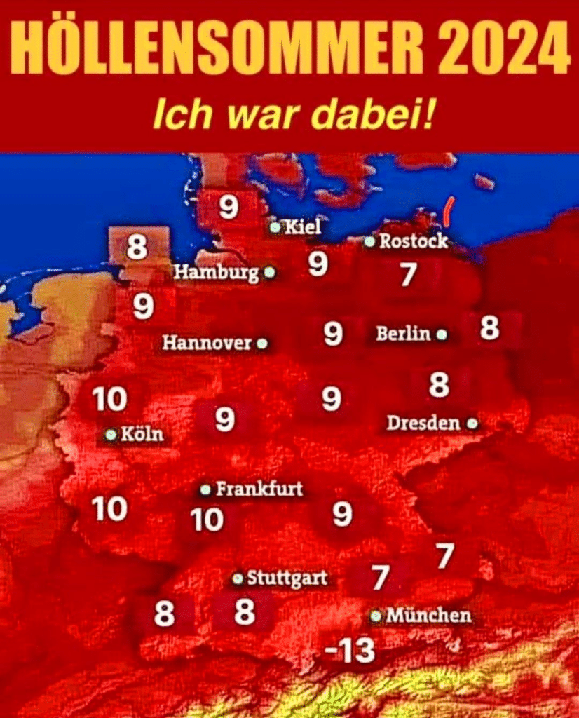 Höllensommer 2024 - Ich war dabei! Stimmungsmache mit manipulierter TV-Wetterkarte – mimikama.org Screenshot des manipulierten Sharepic mit Höllensommer 2024 - Ich war dabei!