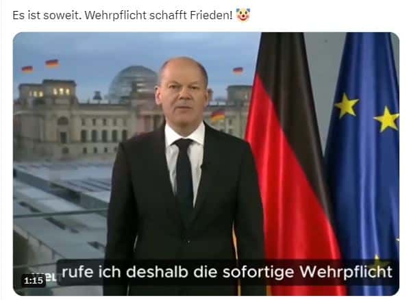 Satire-Video: Olaf Scholz ruft nicht zur Wehrpflicht auf – mimikama.org Screenshot des Videos auf X