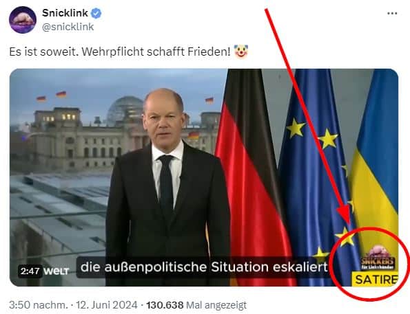 Satire-Video: Olaf Scholz ruft nicht zur Wehrpflicht auf – mimikama.org Screenshot Satire-Video X/snicklick