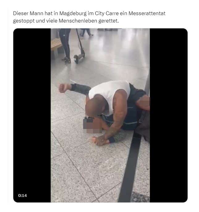 City Carré Magdeburg: Falschinformationen über angeblichen Messerangriff – mimikama.org Screenshot des Videos in einem Beitrag auf X