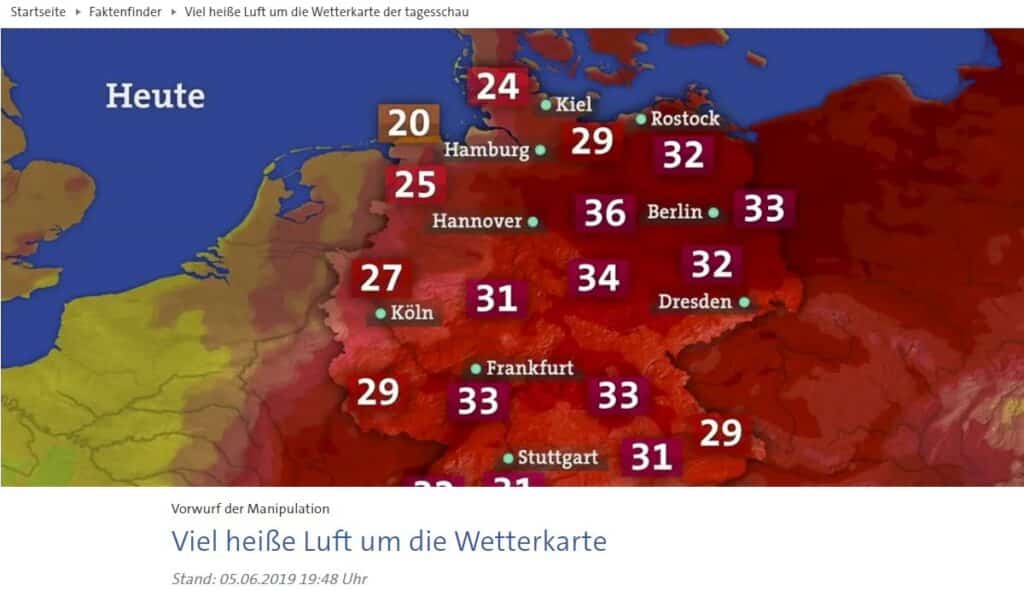 Höllensommer 2024 - Ich war dabei! Stimmungsmache mit manipulierter TV-Wetterkarte – mimikama.org Screenshot des Tagesschau-Artikels