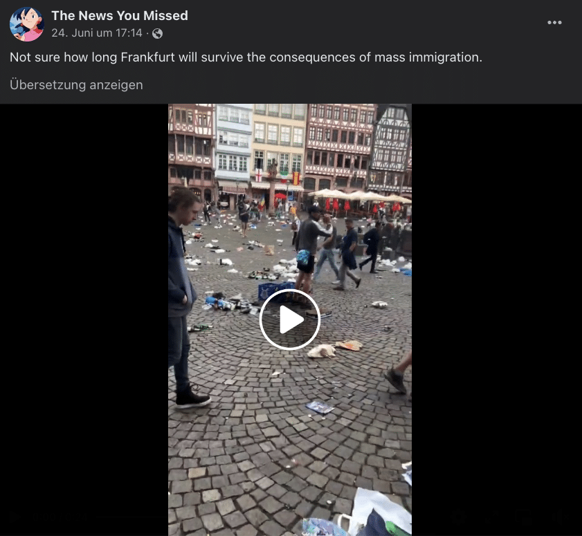 Video zeigt Müll in Frankfurt nach Fußballspiel - kein Zusammenhang mit Zuwanderung – mimikama.org Video zeigt Müll in Frankfurt nach Fußballspiel - kein Zusammenhang mit Zuwanderung